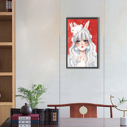 White Hair Bunny Ears Girl - Full Round Drill Diamond Painting 30*50CM