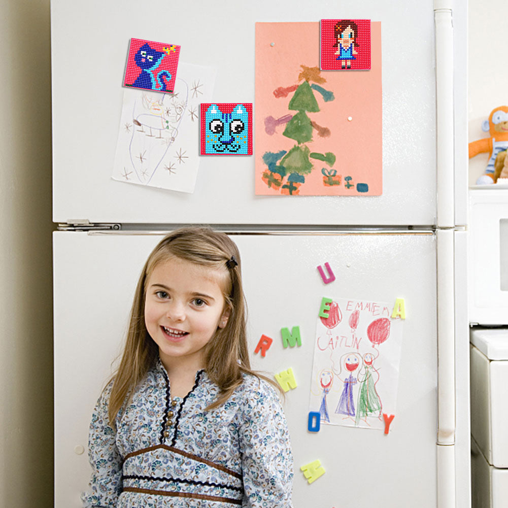 5ocs Diamond Fridge Magnet Sticker Cartoon DIY Round Full Drill for Home Kitchen