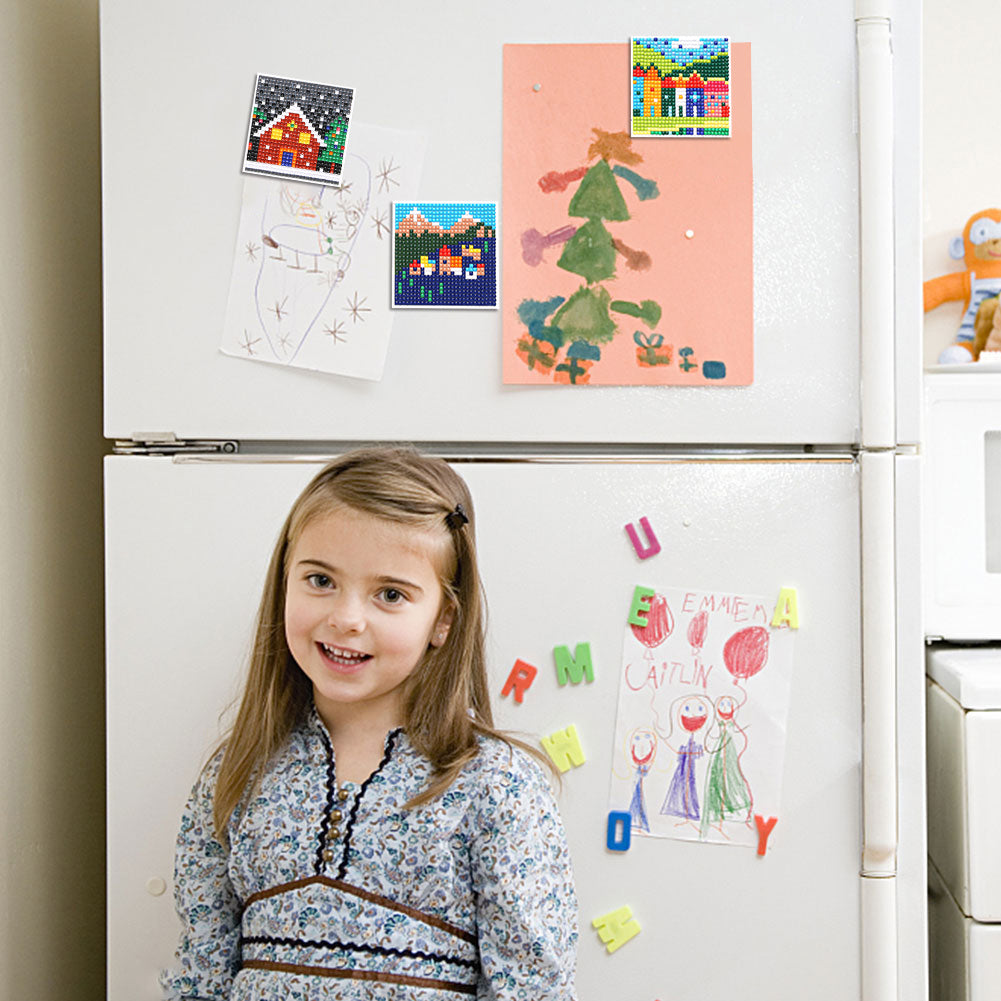 5ocs Diamond Fridge Magnet Sticker Cartoon DIY Round Full Drill for Home Kitchen