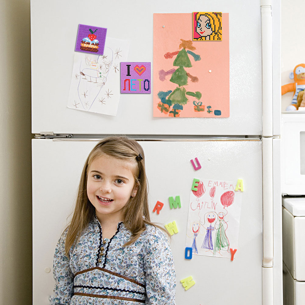 5ocs Diamond Fridge Magnet Sticker Cartoon DIY Round Full Drill for Home Kitchen