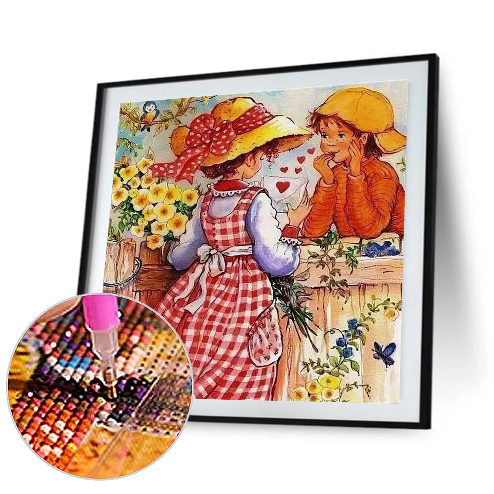 Little Girl And Boy In Pink Atmosphere - Full Round Drill Diamond Painting 30*30CM