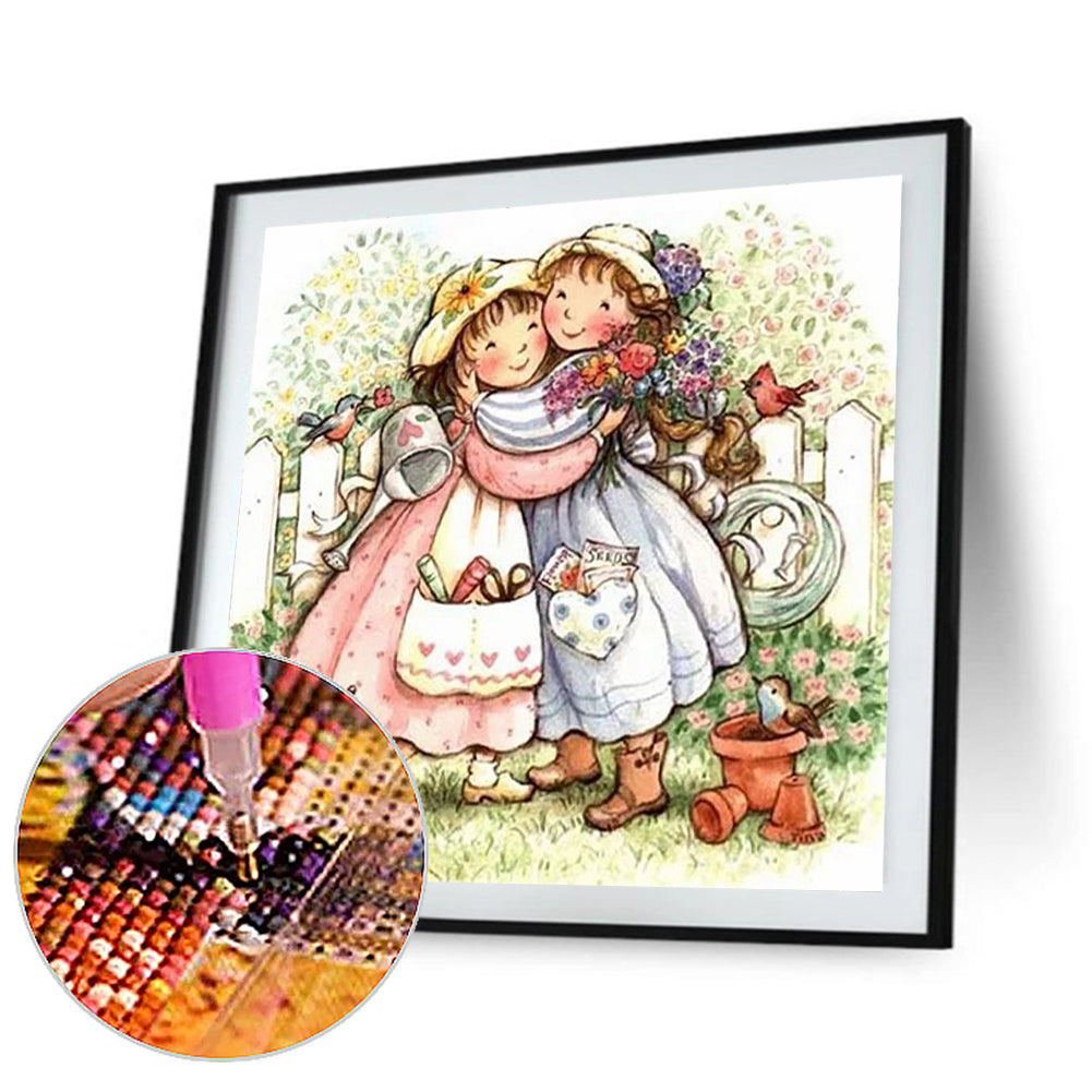 Happy Little Girls Sisters Flowers - Full Round Drill Diamond Painting 30*30CM