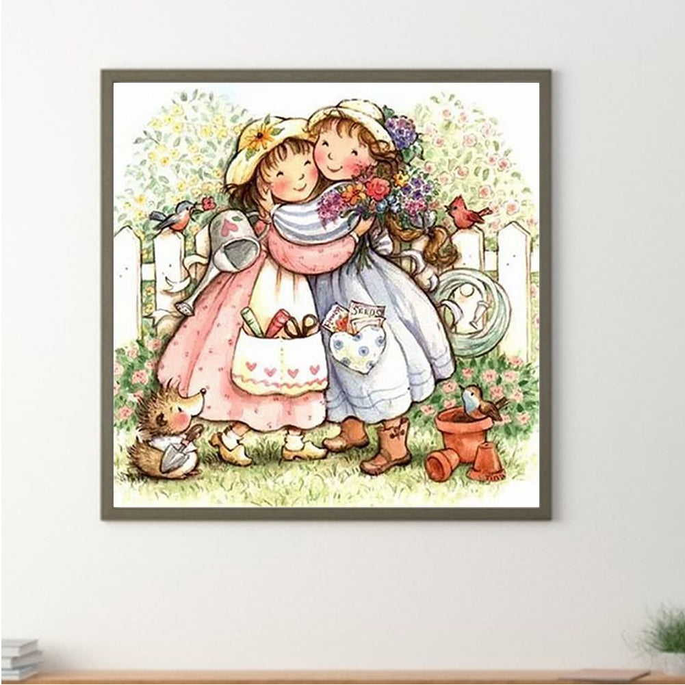 Happy Little Girls Sisters Flowers - Full Round Drill Diamond Painting 30*30CM