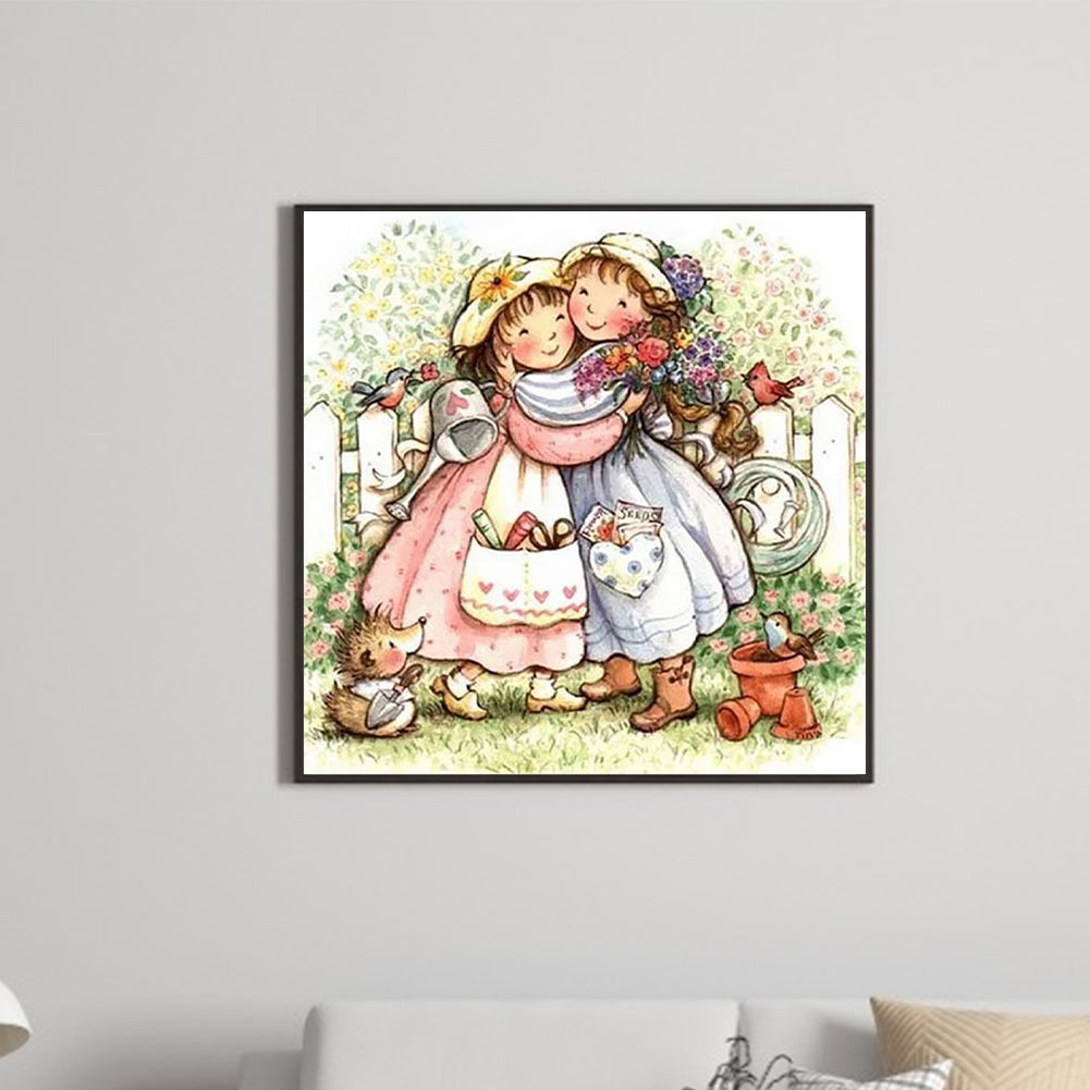 Happy Little Girls Sisters Flowers - Full Round Drill Diamond Painting 30*30CM