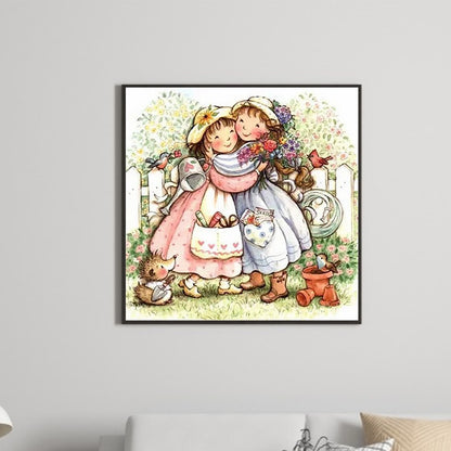 Happy Little Girls Sisters Flowers - Full Round Drill Diamond Painting 30*30CM