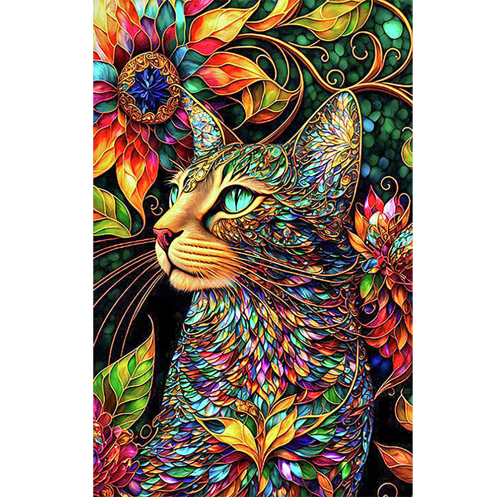 A Happy Cat In Stained Glass - Full Round Drill Diamond Painting 40*60CM