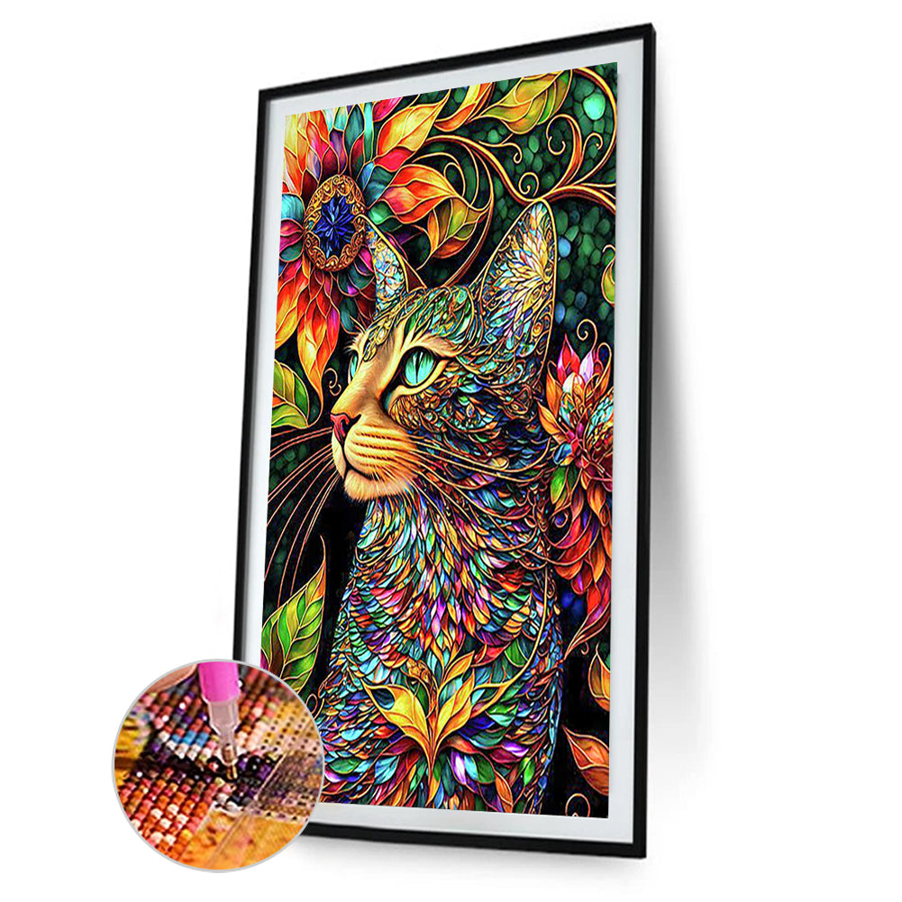 A Happy Cat In Stained Glass - Full Round Drill Diamond Painting 40*60CM