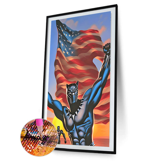 Black Panther With American Flag - Full Round Drill Diamond Painting 40*60CM