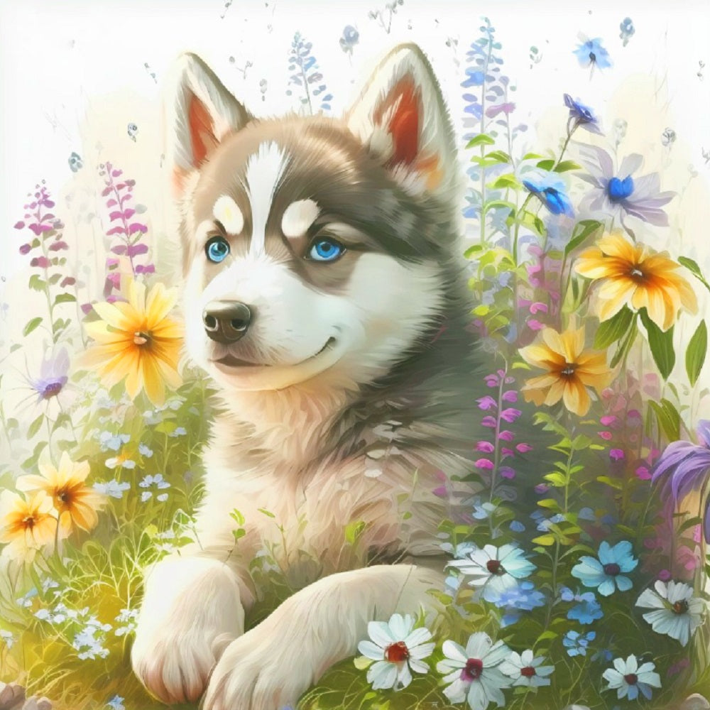 Handsome Dog In The Flowers - Full Round Drill Diamond Painting 30*30CM