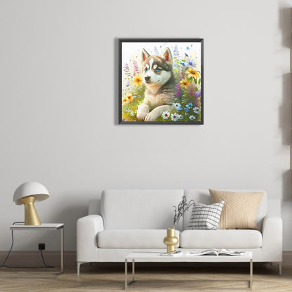 Handsome Dog In The Flowers - Full Round Drill Diamond Painting 30*30CM