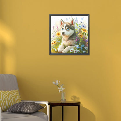 Handsome Dog In The Flowers - Full Round Drill Diamond Painting 30*30CM