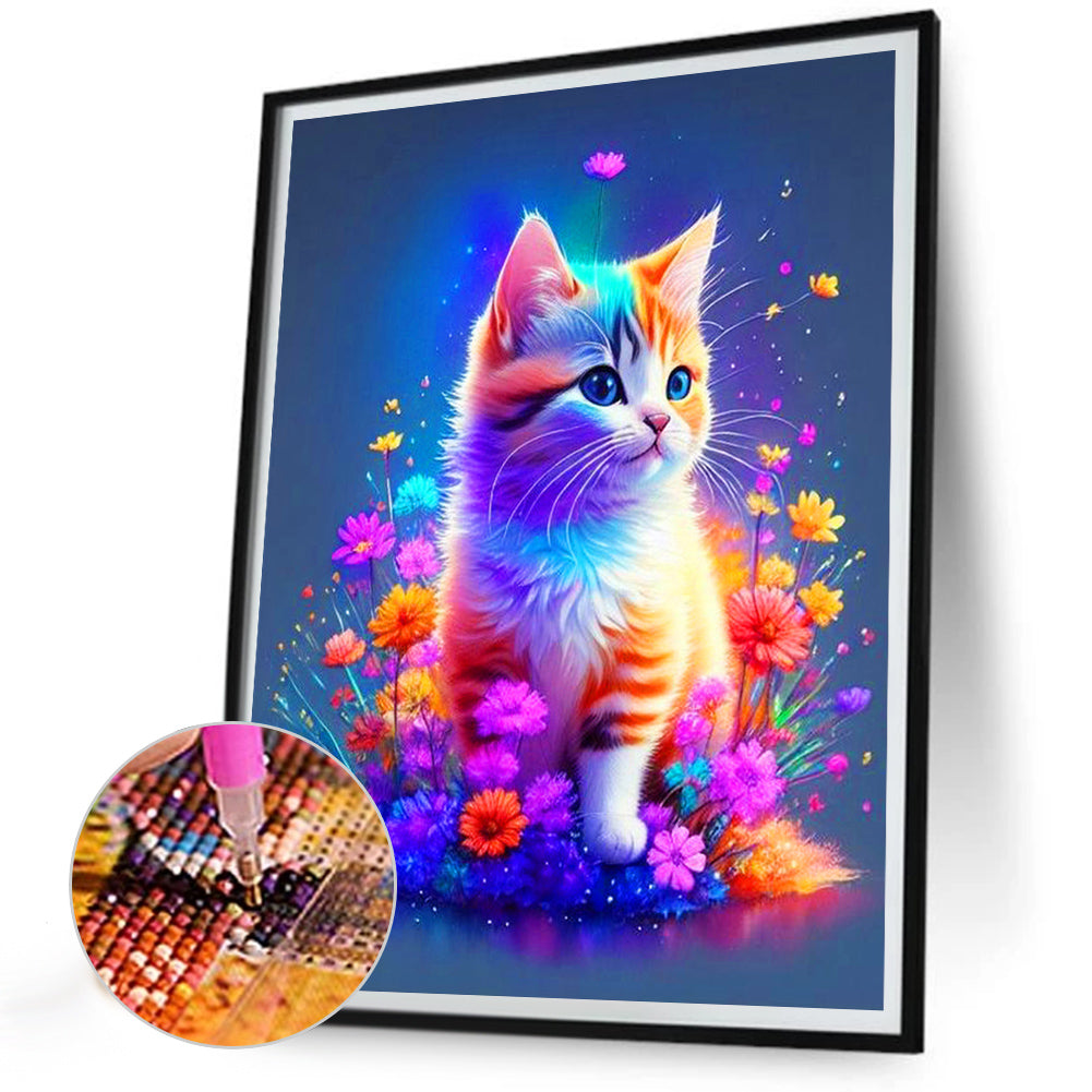 Floral Cat Looking Back - Full Round Drill Diamond Painting 30*40CM