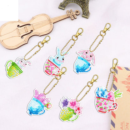 6pcs Diamond Art Key Rings Art Craft 5D Double Sided DIY Hanging Ornaments Gifts