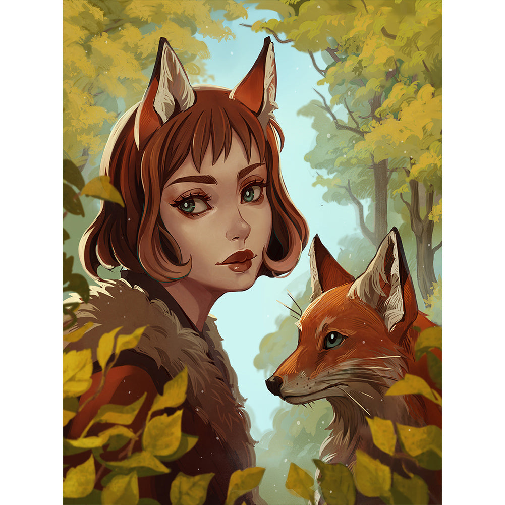 The Girl With Fox Ears And The Fox - Full Round Drill Diamond Painting 30*40CM