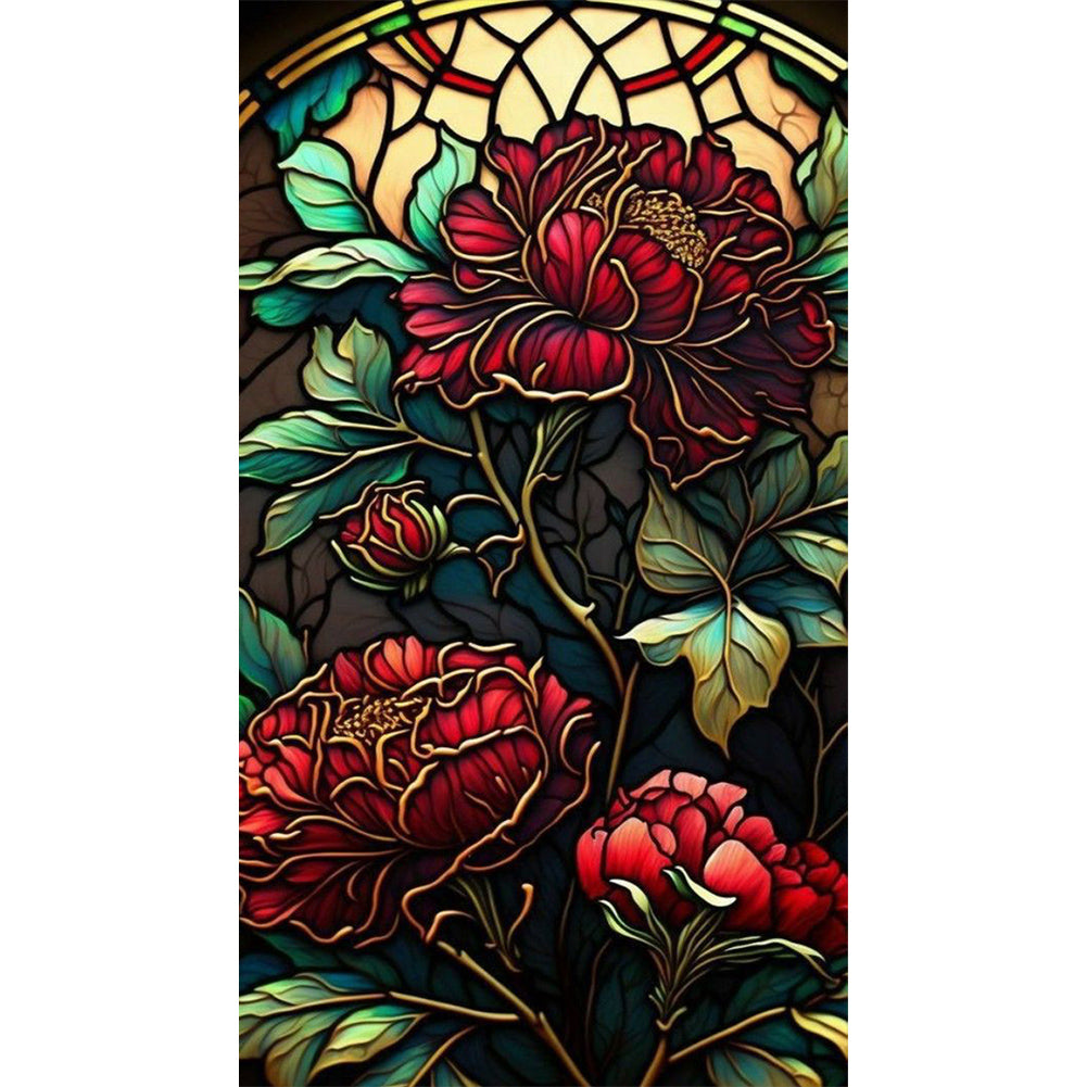 Red Peony Glass Painting - Full Round Drill Diamond Painting 30*60CM