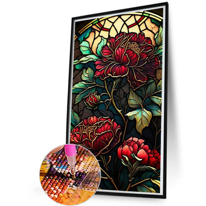 Red Peony Glass Painting - Full Round Drill Diamond Painting 30*60CM