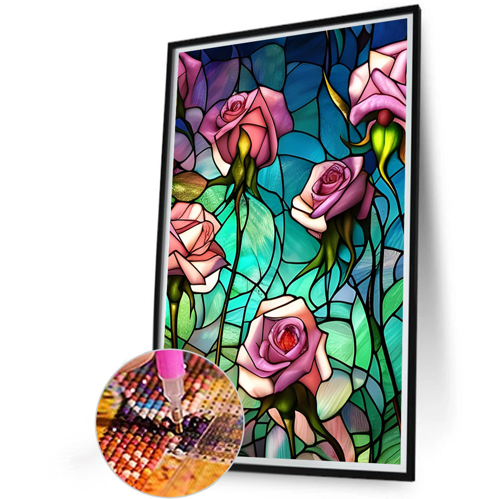 Pink Rose Glass Painting - Full Round Drill Diamond Painting 40*60CM