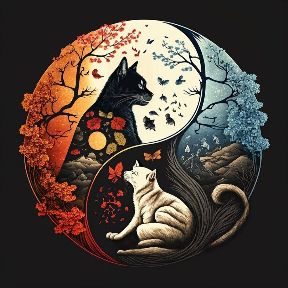 Tai Chi Yin And Yang Diagram White Cat And Black Cat - Full Round Drill Diamond Painting 30*30CM