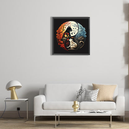 Tai Chi Yin And Yang Diagram White Cat And Black Cat - Full Round Drill Diamond Painting 30*30CM