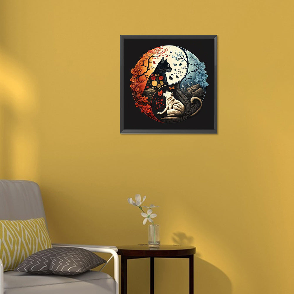 Tai Chi Yin And Yang Diagram White Cat And Black Cat - Full Round Drill Diamond Painting 30*30CM