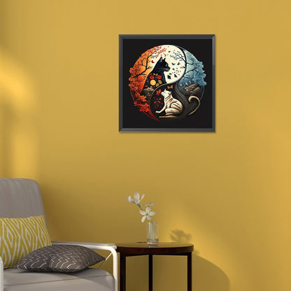 Tai Chi Yin And Yang Diagram White Cat And Black Cat - Full Round Drill Diamond Painting 30*30CM