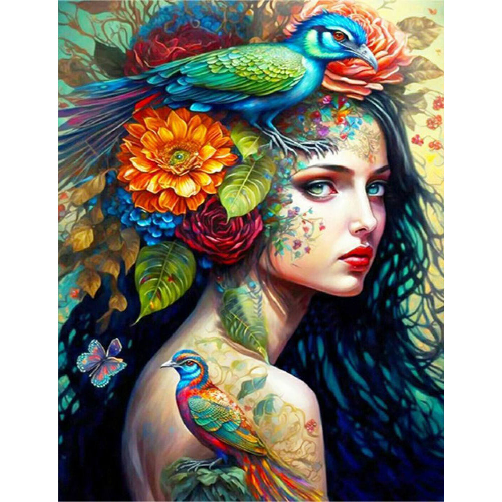 Flower And Bird Painting Girl - Full Round Drill Diamond Painting 50*60CM