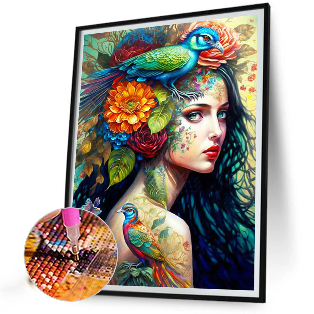 Flower And Bird Painting Girl - Full Round Drill Diamond Painting 50*60CM