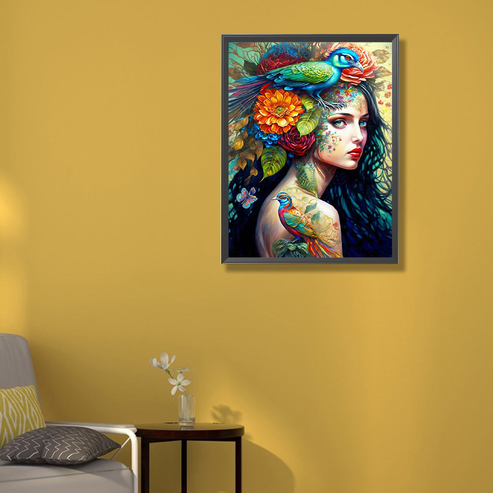 Flower And Bird Painting Girl - Full Round Drill Diamond Painting 50*60CM