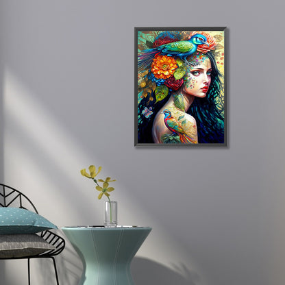 Flower And Bird Painting Girl - Full Round Drill Diamond Painting 50*60CM