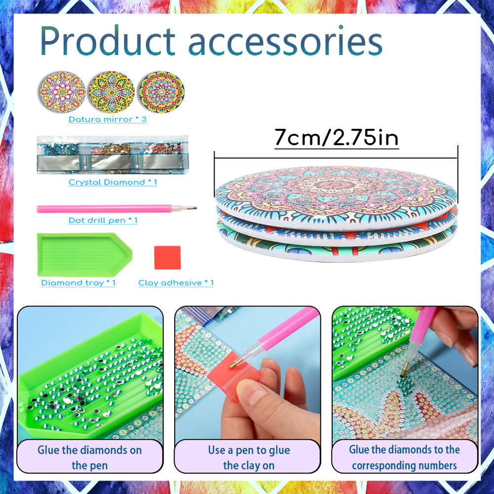 3pcs Crystal Diamond Mirror Portable DIY Art Craft Set Datura for Adult and Kids