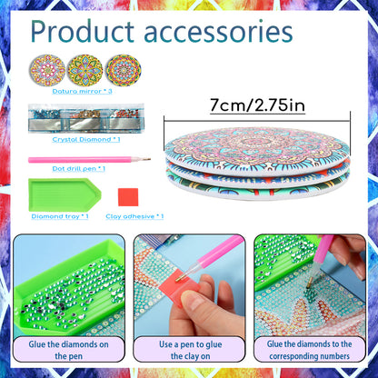 3pcs Crystal Diamond Mirror Portable DIY Art Craft Set Datura for Adult and Kids