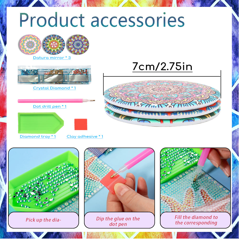 3pcs Crystal Diamond Mirror Portable DIY Art Craft Set Datura for Adult and Kids