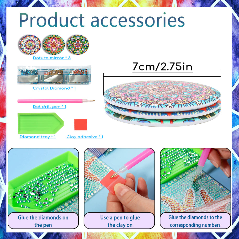 3pcs Crystal Diamond Mirror Portable DIY Art Craft Set Datura for Adult and Kids