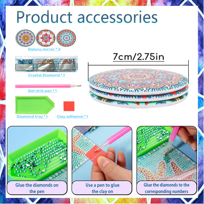 3pcs Crystal Diamond Mirror Portable DIY Art Craft Set Datura for Adult and Kids