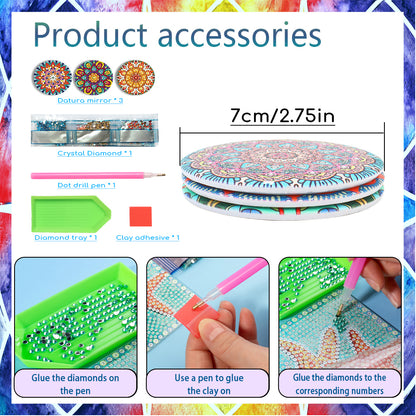 3pcs Crystal Diamond Mirror Portable DIY Art Craft Set Datura for Adult and Kids