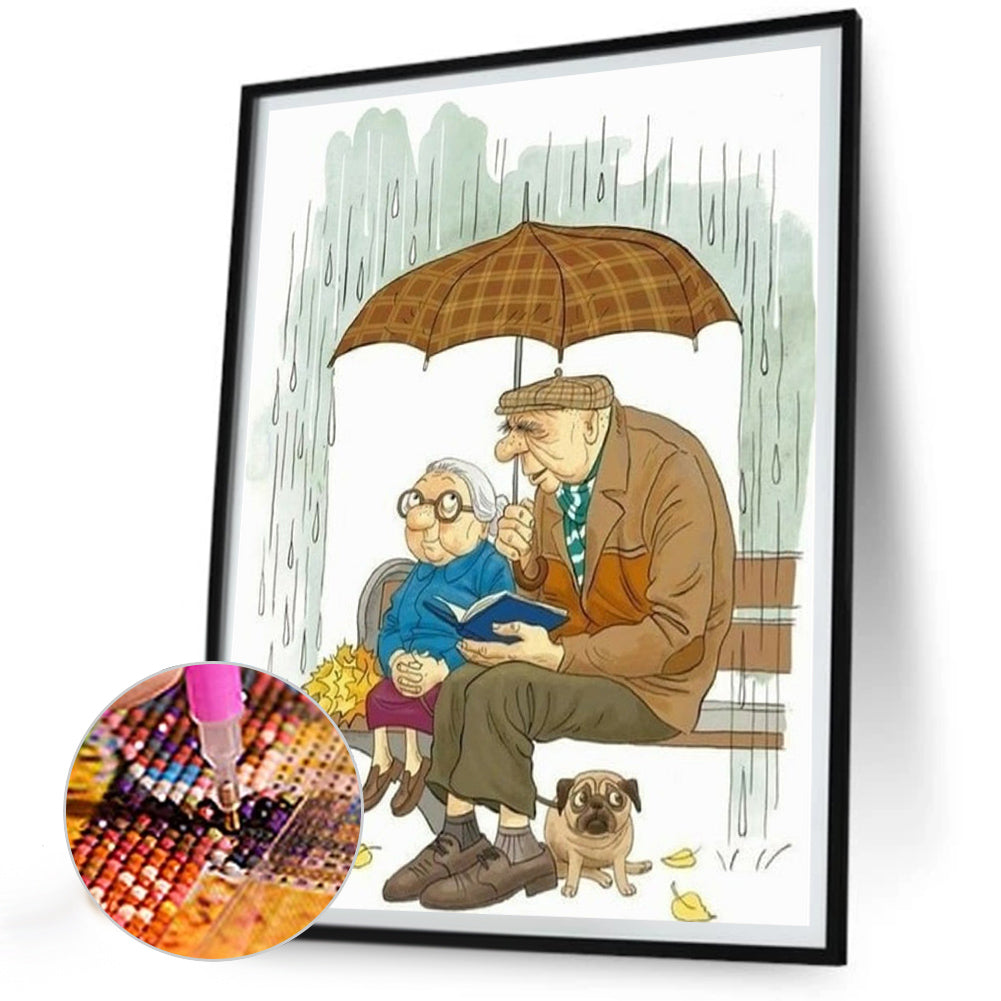 Elderly Couple Dating In The Rain - Full Round Drill Diamond Painting 30*40CM