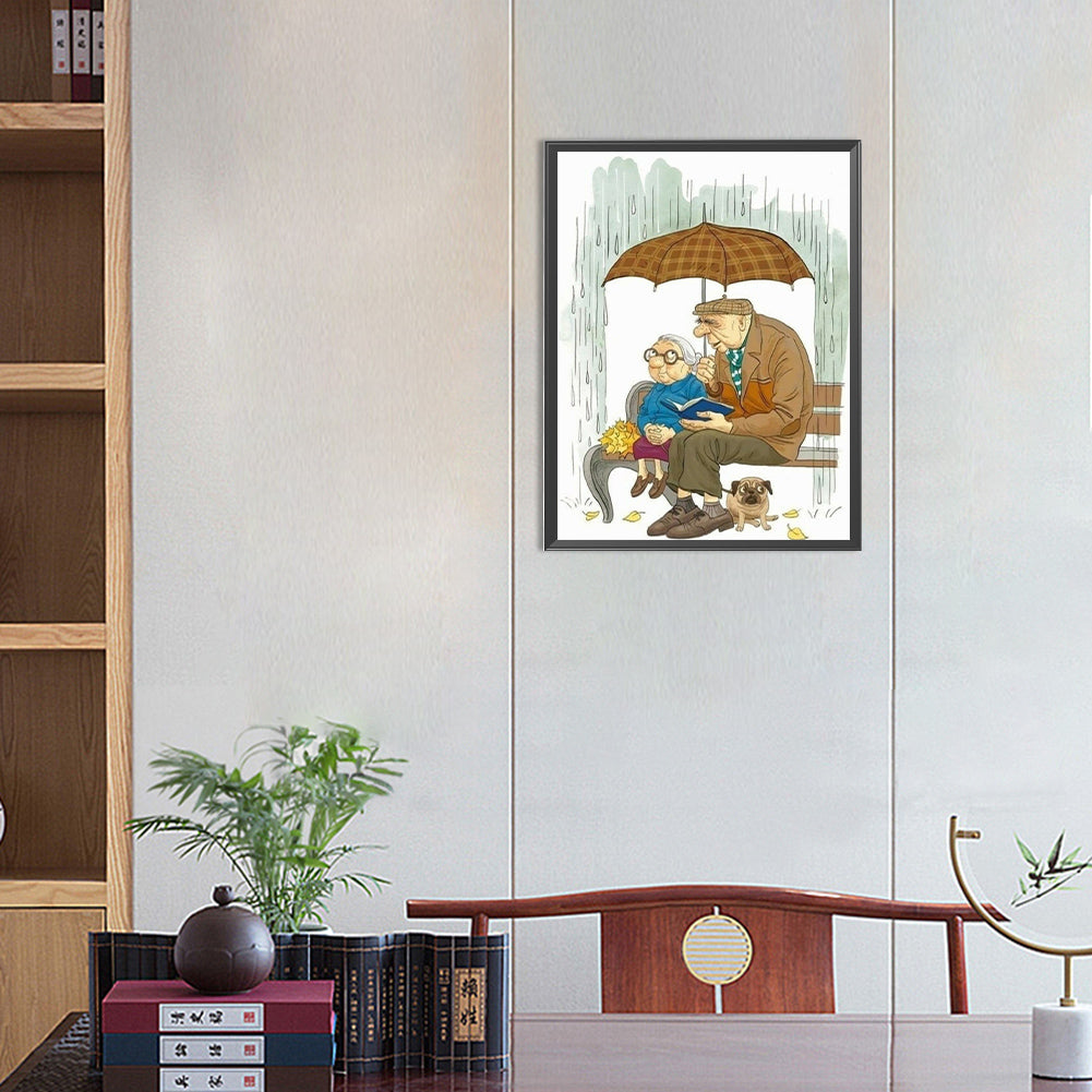 Elderly Couple Dating In The Rain - Full Round Drill Diamond Painting 30*40CM