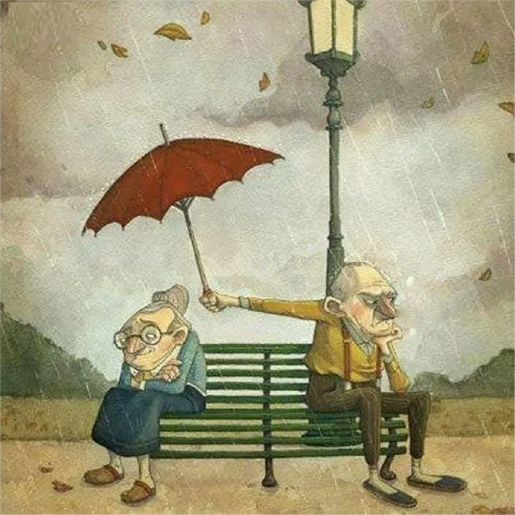 Angry Old Couple Holding Umbrella - Full Round Drill Diamond Painting 30*30CM