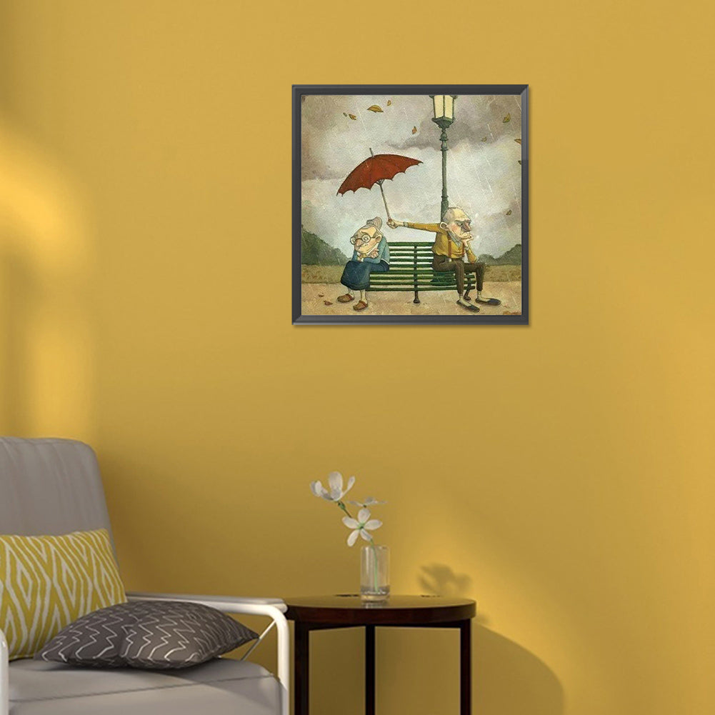 Angry Old Couple Holding Umbrella - Full Round Drill Diamond Painting 30*30CM