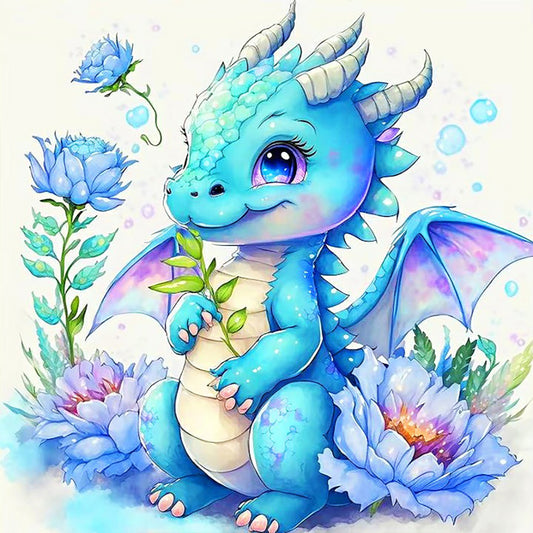 Happy Blue Dragon And Flower - Full Round Drill Diamond Painting 30*30CM