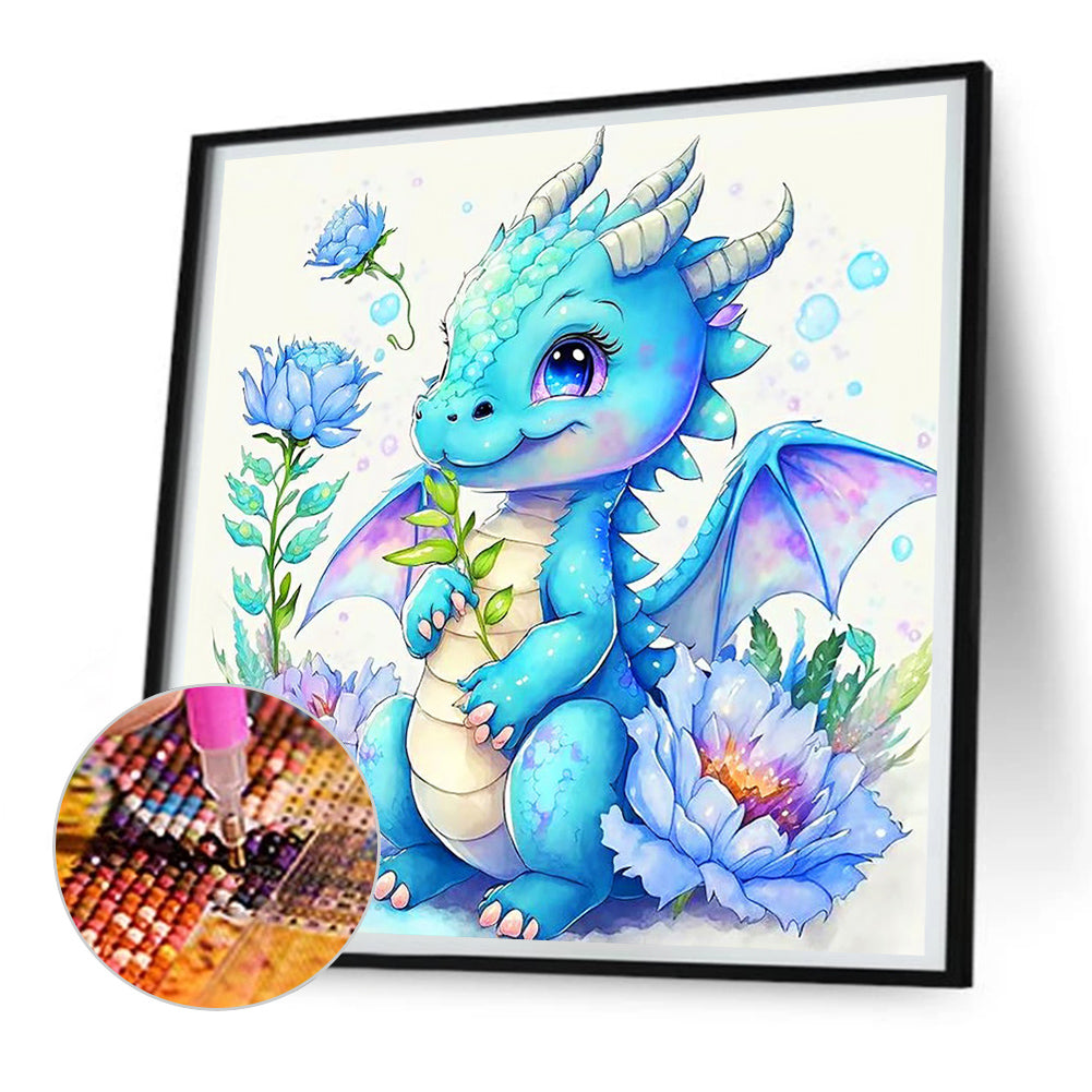 Happy Blue Dragon And Flower - Full Round Drill Diamond Painting 30*30CM