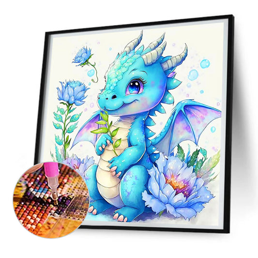 Happy Blue Dragon And Flower - Full Round Drill Diamond Painting 30*30CM
