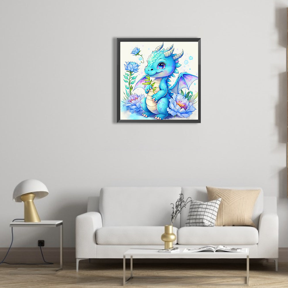 Happy Blue Dragon And Flower - Full Round Drill Diamond Painting 30*30CM