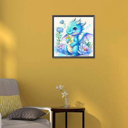 Happy Blue Dragon And Flower - Full Round Drill Diamond Painting 30*30CM