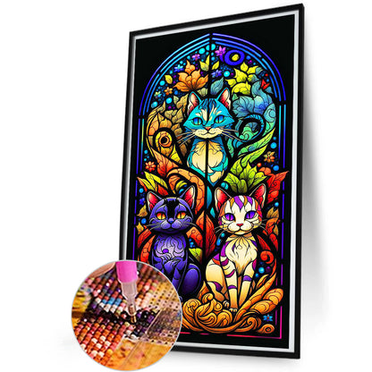 Stained Glass Three Cats - Full Round Drill Diamond Painting 30*60CM