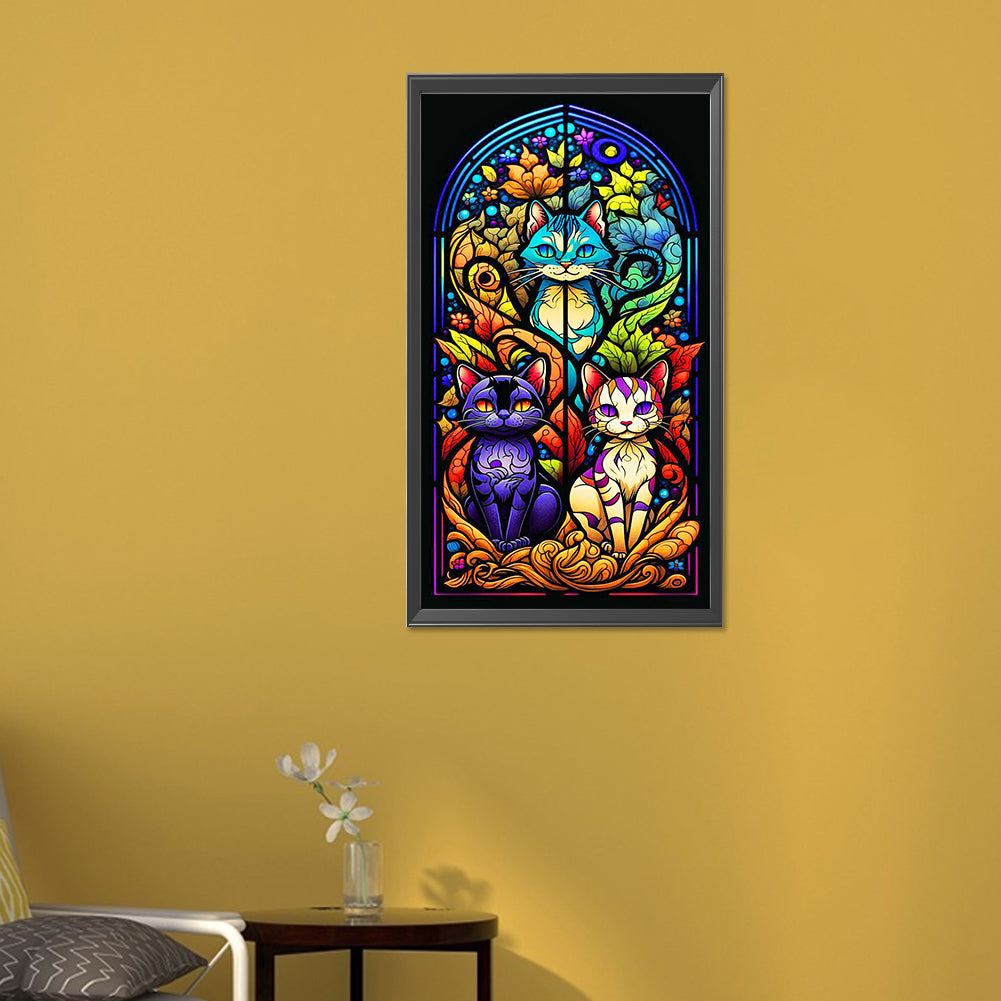 Stained Glass Three Cats - Full Round Drill Diamond Painting 30*60CM