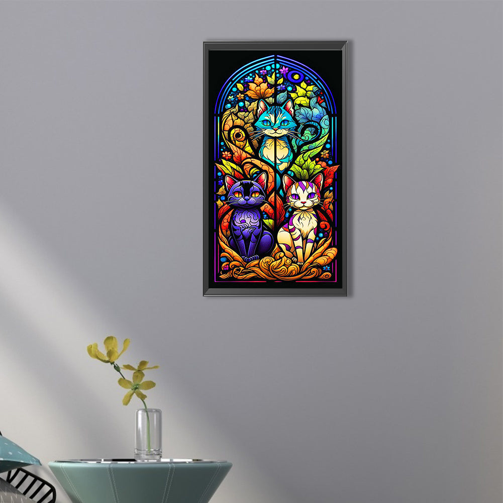 Stained Glass Three Cats - Full Round Drill Diamond Painting 30*60CM