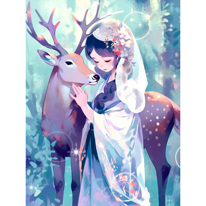 Girl And Deer - Full Round Drill Diamond Painting 40*50CM