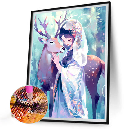 Girl And Deer - Full Round Drill Diamond Painting 40*50CM