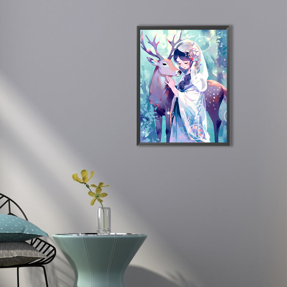 Girl And Deer - Full Round Drill Diamond Painting 40*50CM